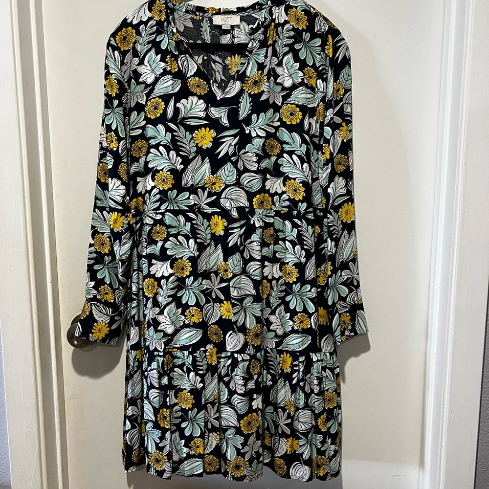 LOFT Black Floral Dress with Yellow and Green Accents